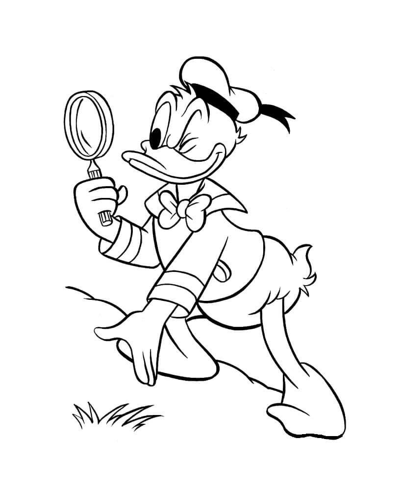 Dibujos de Pato Donald mirando a Través de una Lupa para colorear