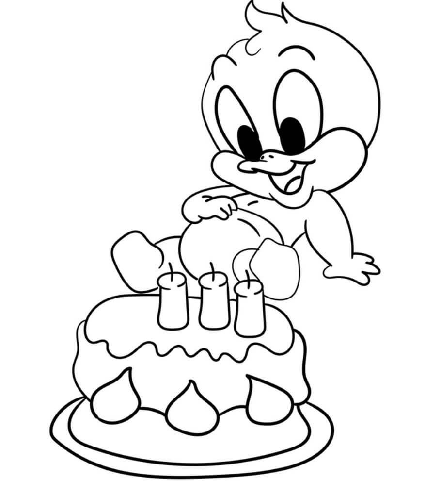 Dibujos de Pato Lucas Bebé con Pastel de Cumpleaños para colorear