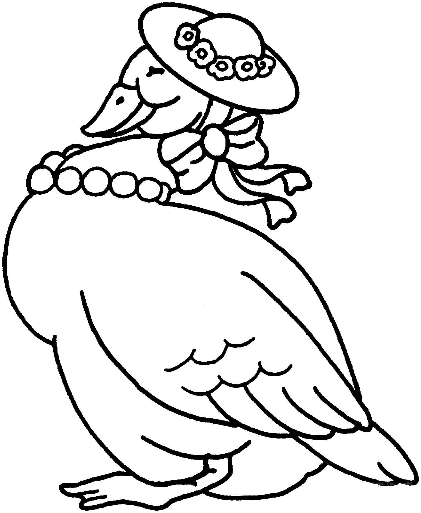 Dibujos de Pato con Sombrero y Collar de Perlas para colorear