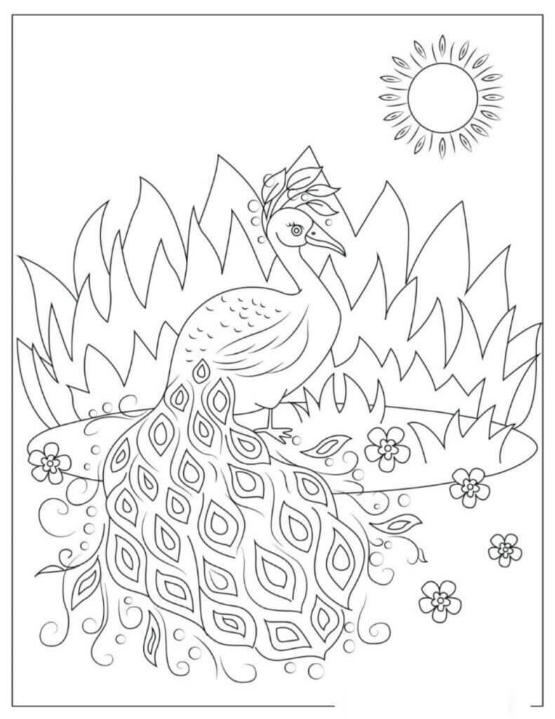 Dibujos de Pavo Real de pie Bajo el Sol para colorear