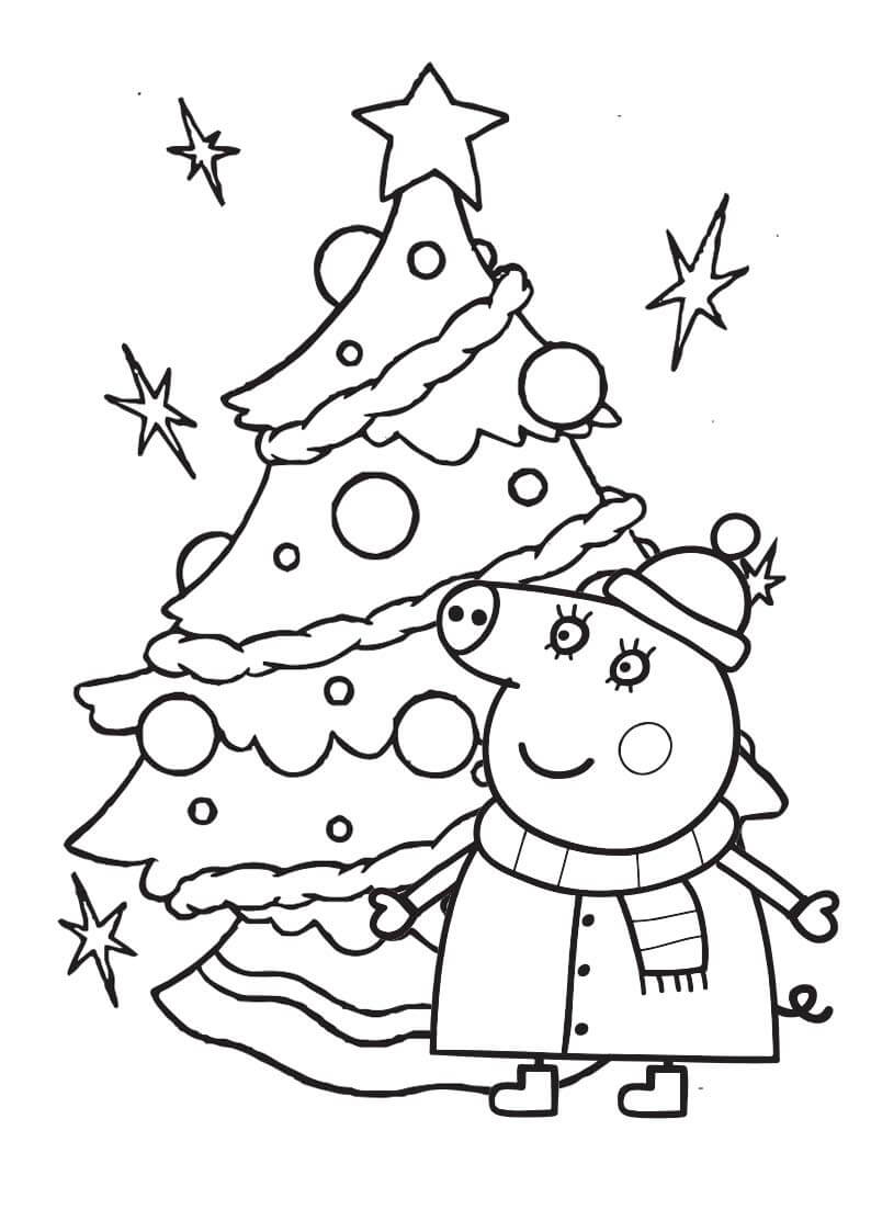 Dibujos de Peppa Pig con Árbol de Navidad para colorear