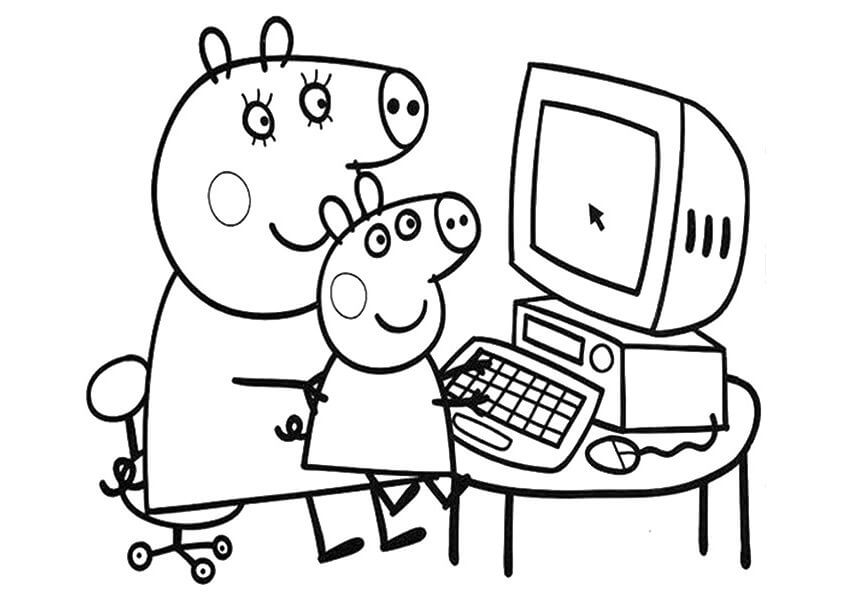 Dibujos de Peppa y Mamá con una Computadora para colorear