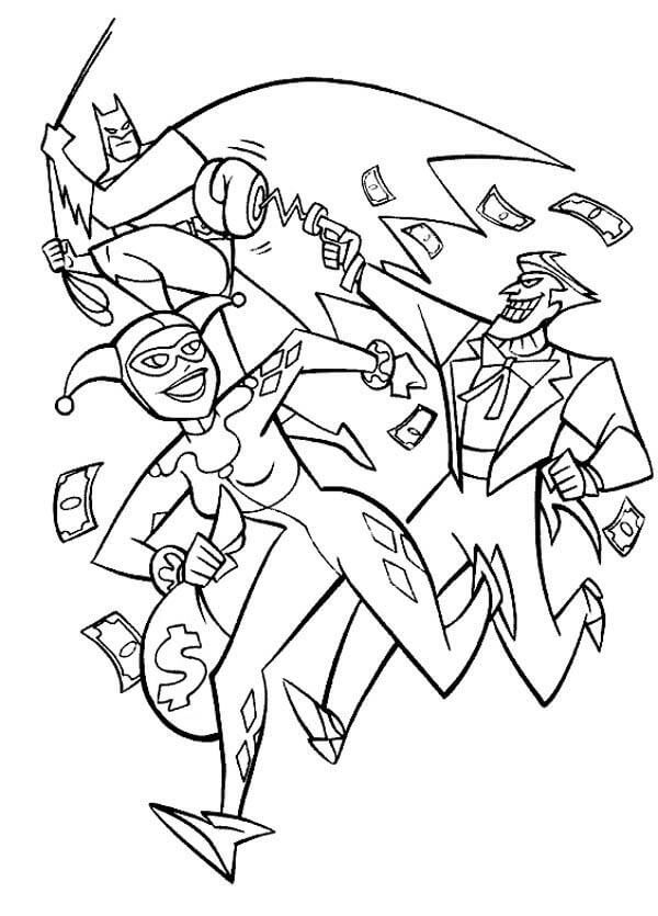 Persecuciones de Batman con Harley Quinn y Joker para colorir