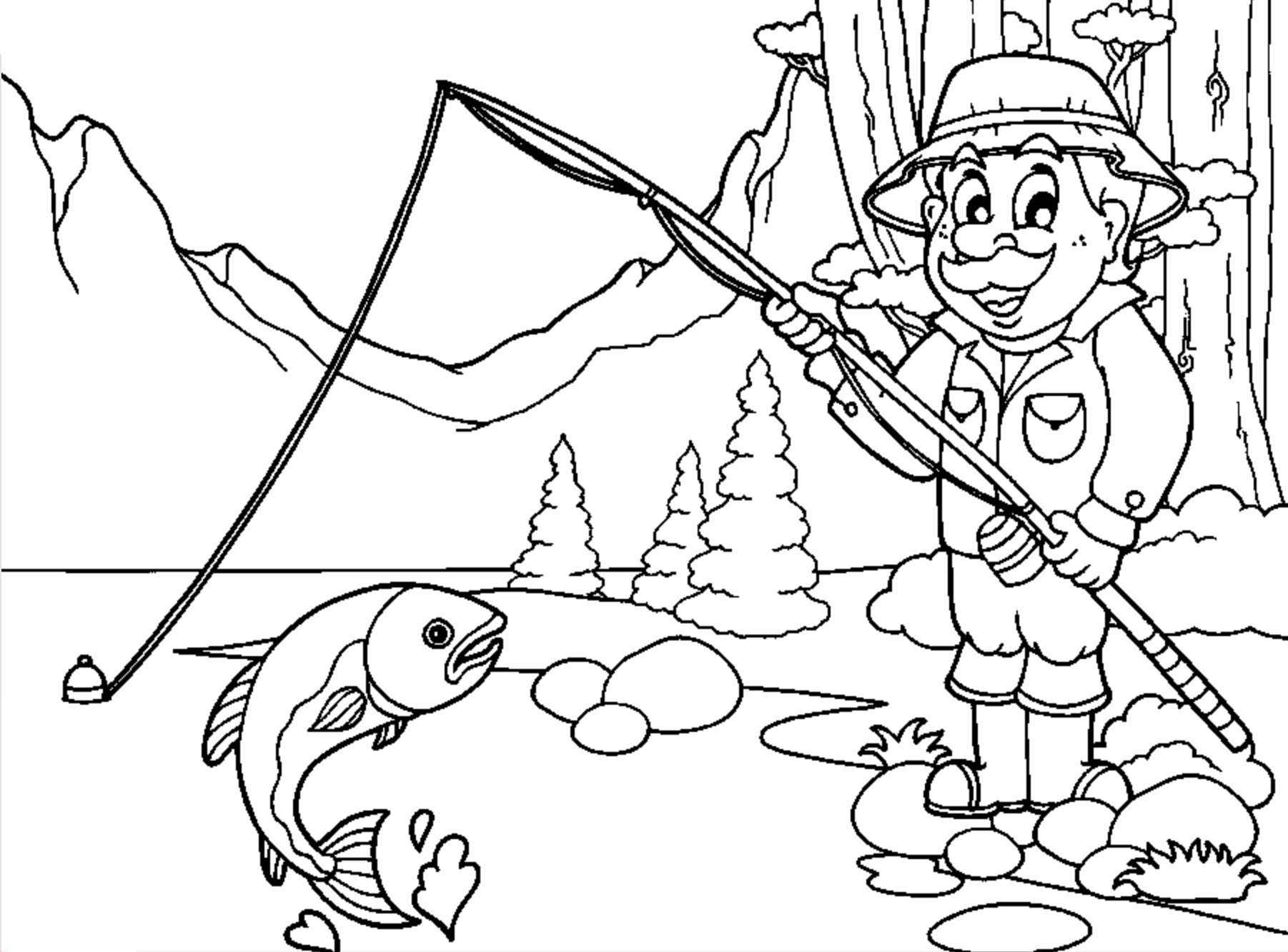 Pescador en un Paisaje de Lago para colorir