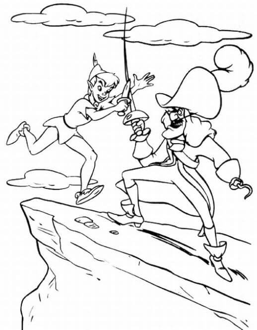 Dibujos de Peter Pan y Hook peleando para colorear