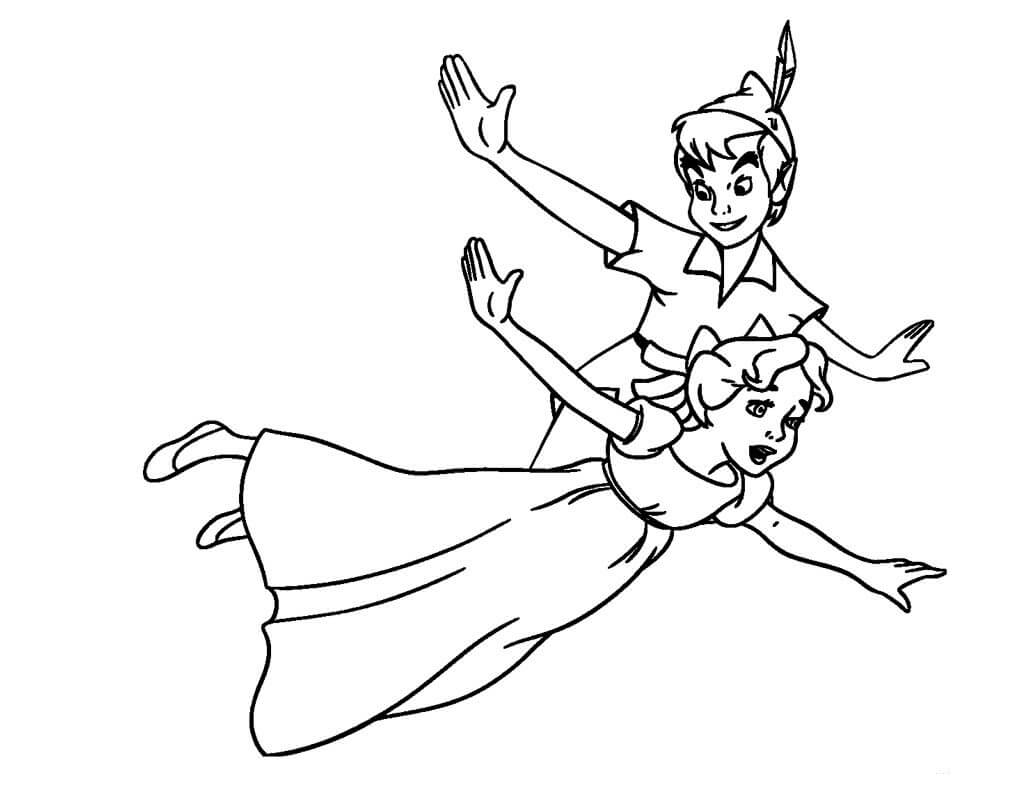 Dibujos de Peter Pan y Wendy volando para colorear