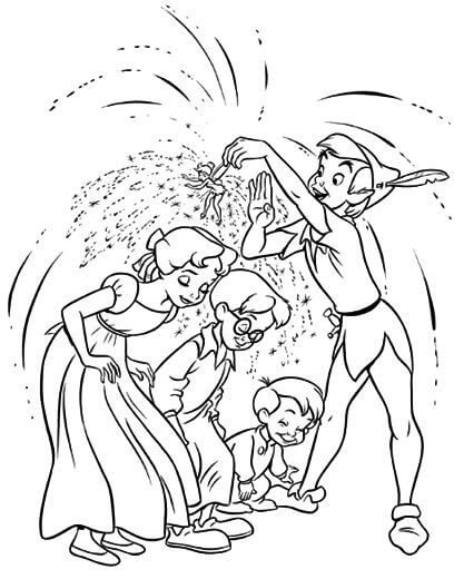 Peter Pan y familia de Wendy para colorir