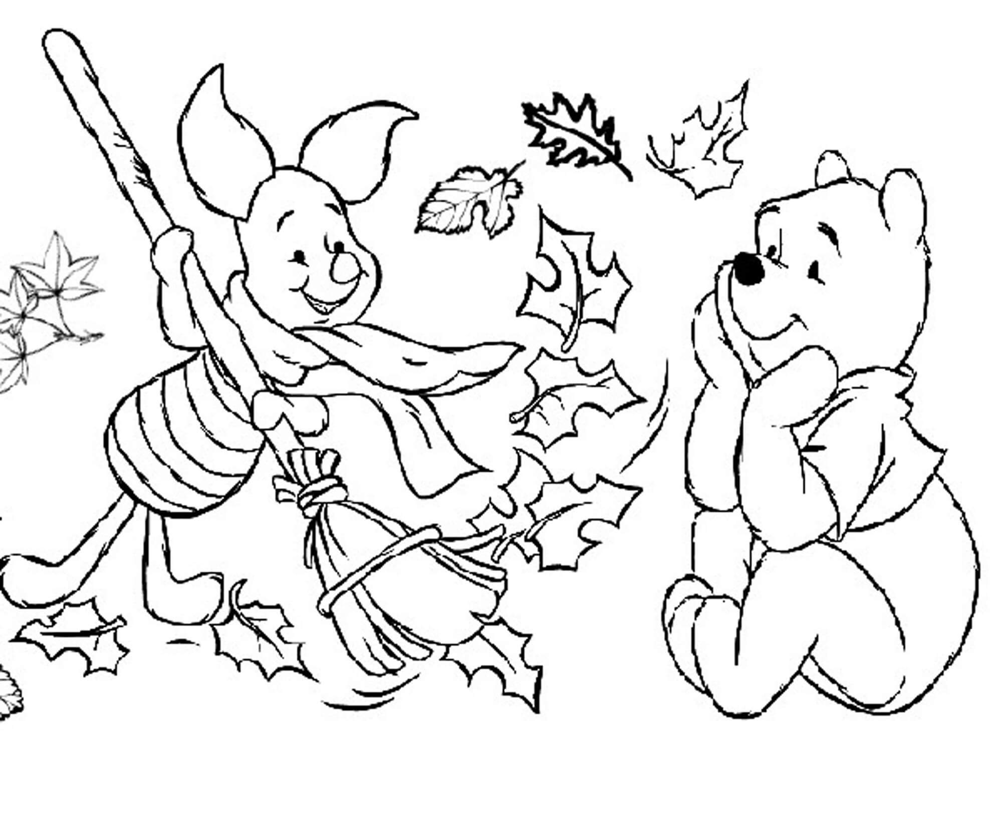 Dibujos de Piglet y Pooh Bear en Otoño para colorear