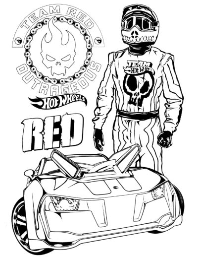 Piloto Del Equipo Rojo de Hot Wheels y su Coche para colorir