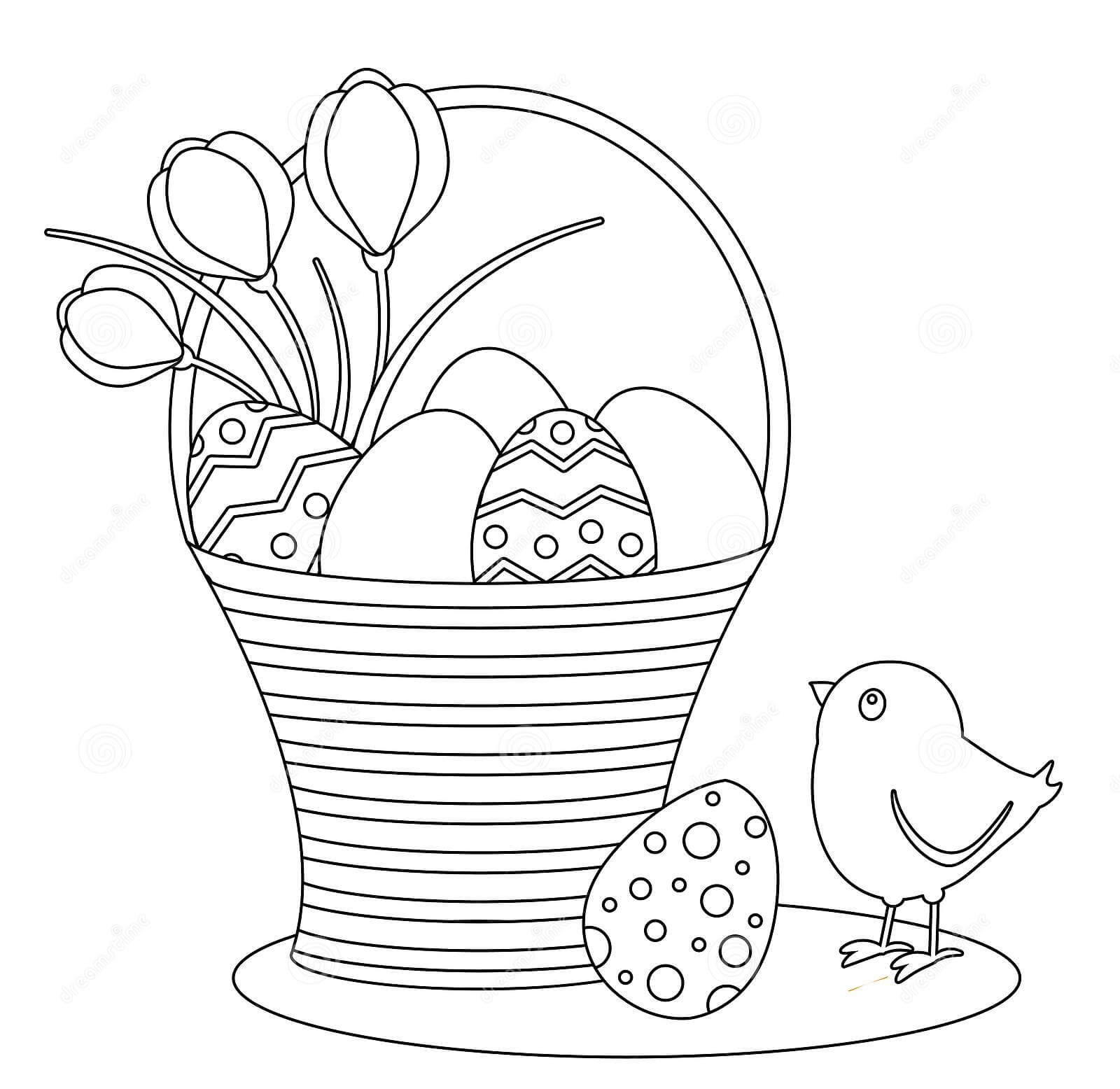 Dibujos de Pollitos y Canasta de Huevos de Pascua para colorear