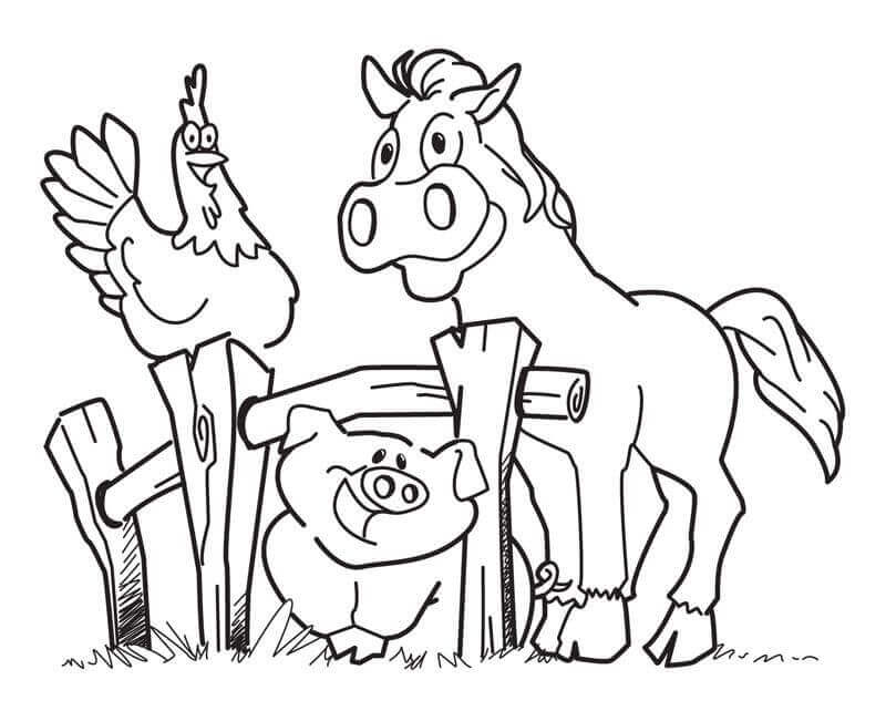 Dibujos de Pollo, Caballo y Cerdo en la Granja para colorear