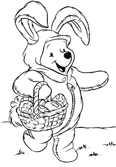 Dibujos de Pooh Bear Sosteniendo una Cesta de Huevos de Pascua para colorear