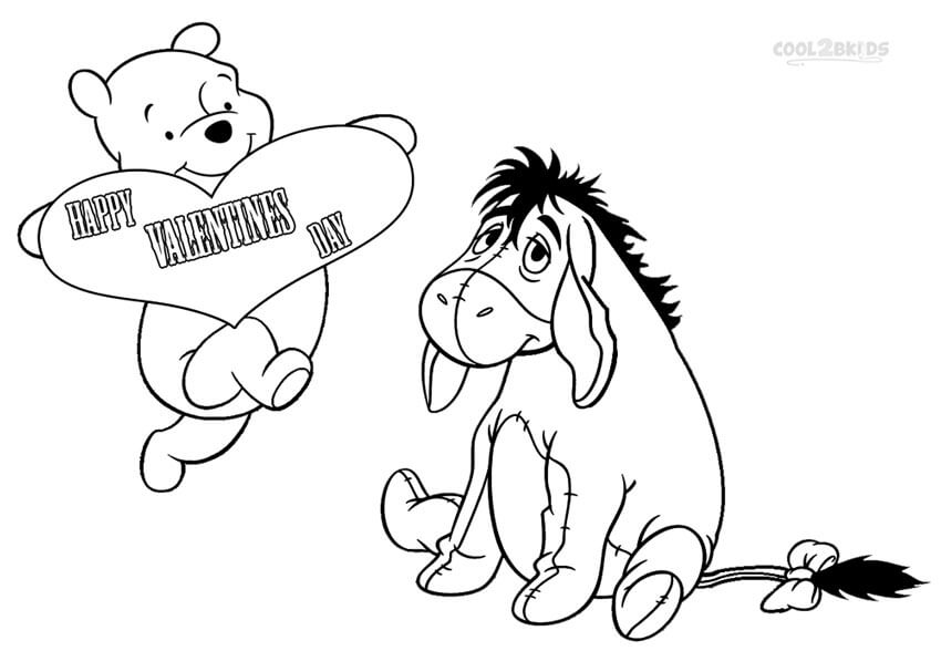 Dibujos de Pooh y Eeyore con Feliz día de San Valentín para colorear