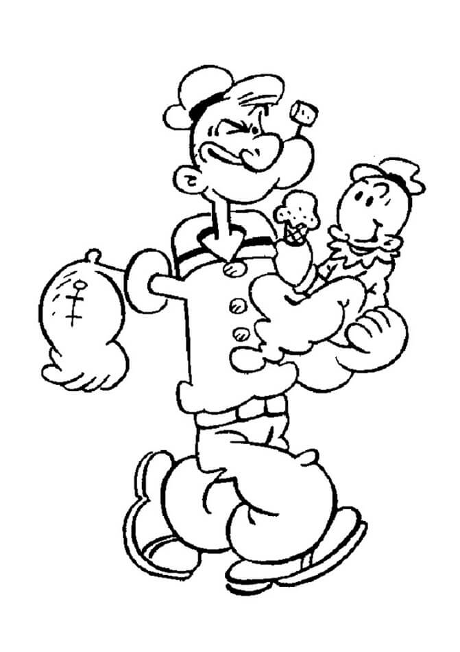 Popeye Sosteniendo al Niño para colorir