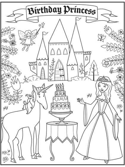 Dibujos de Princesa de Cumpleaños en el Castillo para colorear