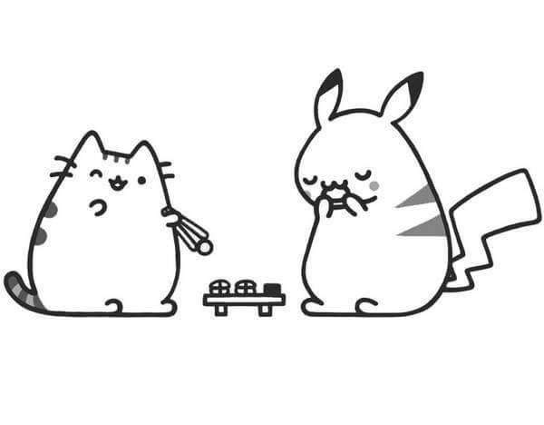 Dibujos de Pusheen y Pikachu Comiendo para colorear