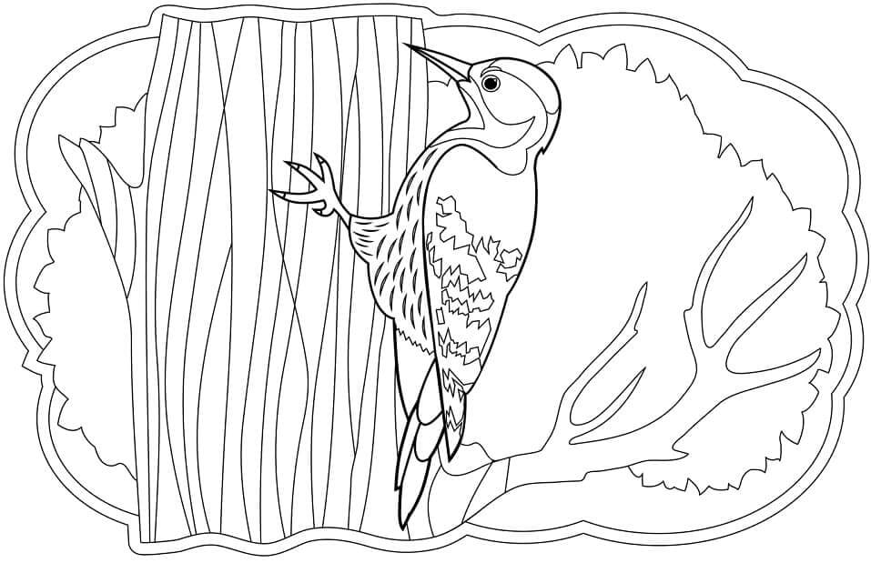 Dibujos de Pájaro Carpintero Normal en el Árbol para colorear