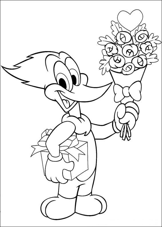 Pájaro Carpintero Sosteniendo una Rosa y una Caja de Gif para colorir