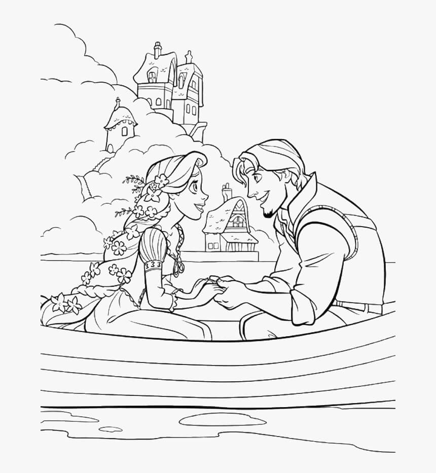 Dibujos de Rapunzel y Flynn se Sientan en el Bote para colorear