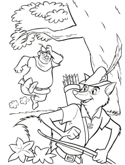 Dibujos de Robin Hood y el Pequeño John Corren por el Bosque para colorear