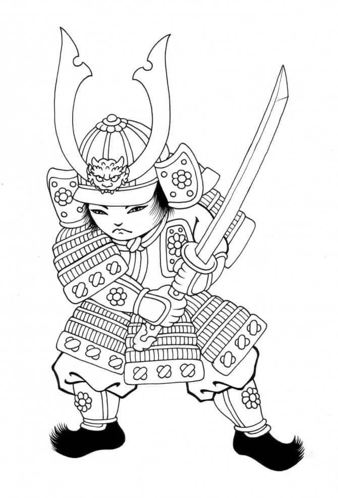 Samurai Chibi con Espada para colorir