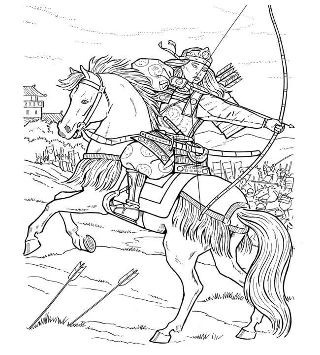 Dibujos de Samurai sostiene un arco y Monta un Caballo para colorear