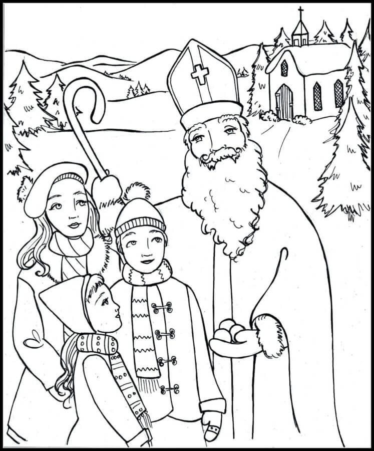 San Nicolás Con Niños Frente Al Templo para colorir