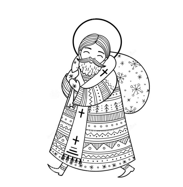Dibujos de San Nicolás Con Una Bolsa De Copos De Nieve para colorear