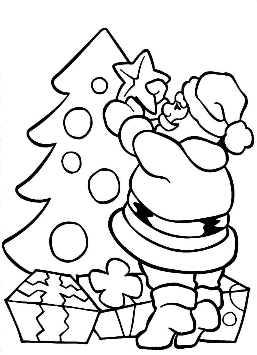 Dibujos de Santa preparando el árbol de Navidad para colorear