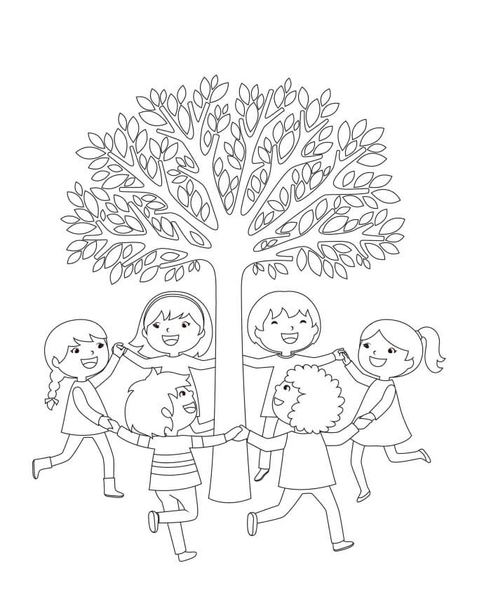 Dibujos de Seis Amigos Jugando con el Árbol para colorear