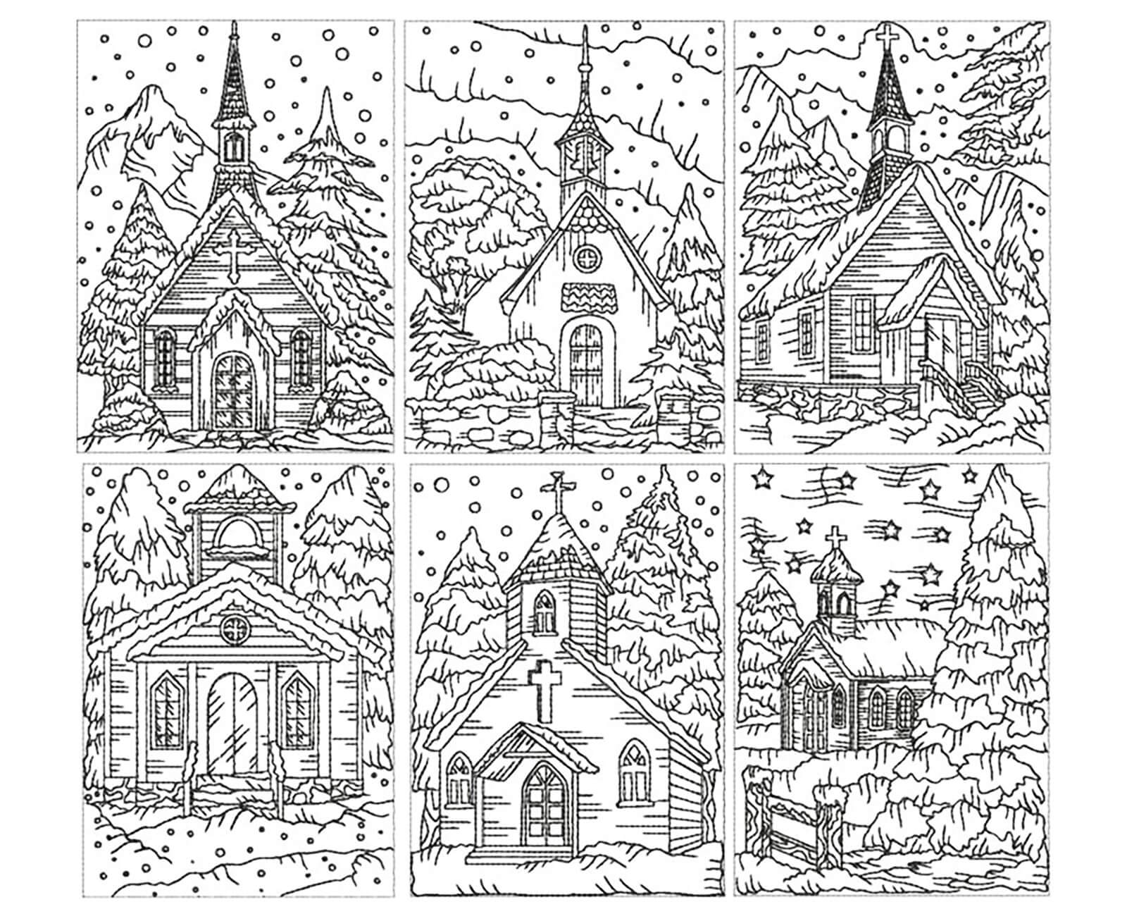 Dibujos de Seis Iglesia Bajo la Nieve para colorear