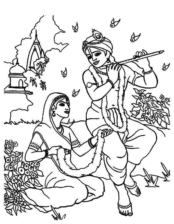Dibujos de Shri Krishna Janmashtami Tocando la Flauta para Radha para colorear