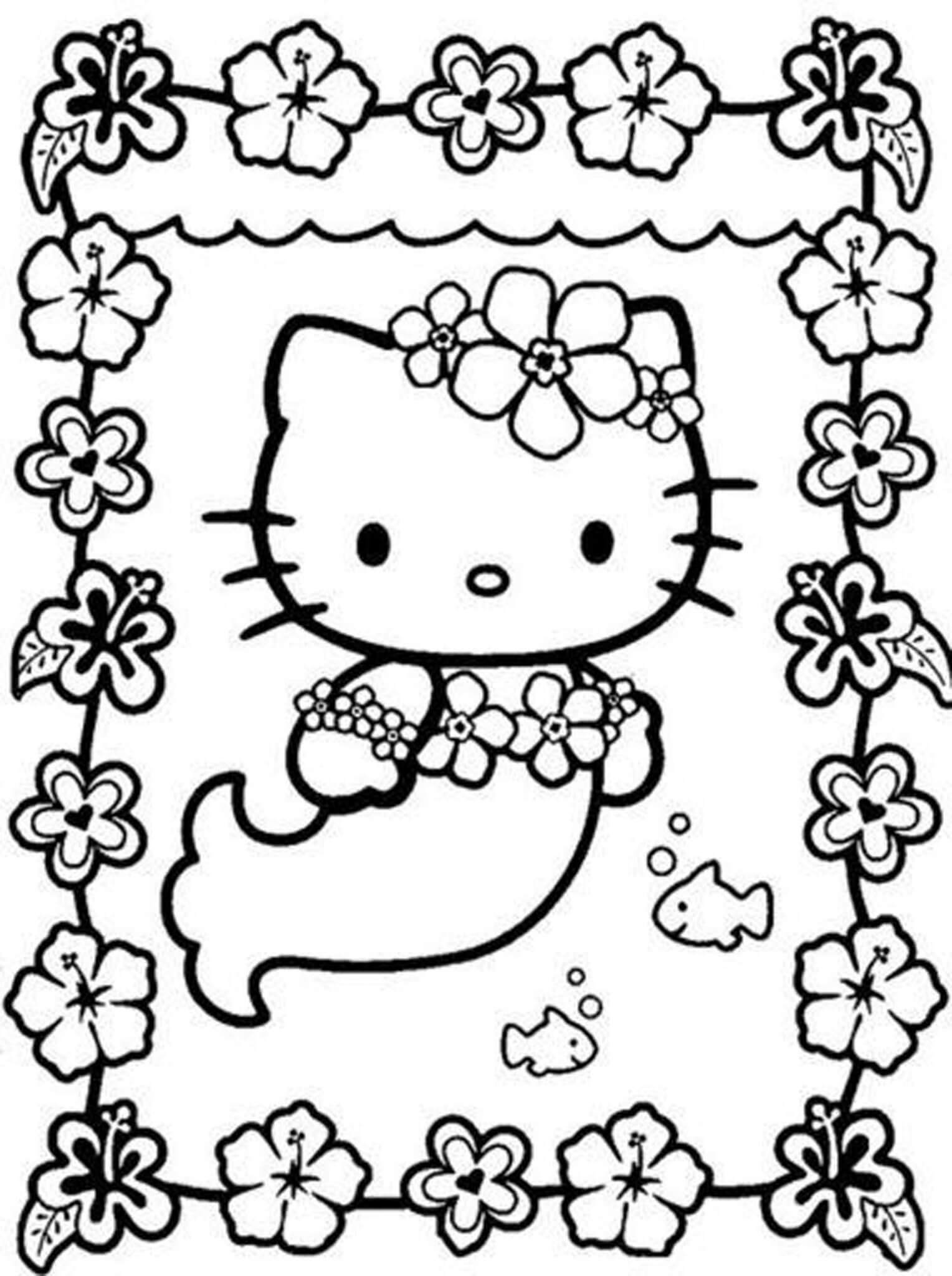 Sirena Hello Kitty con Flores para colorir