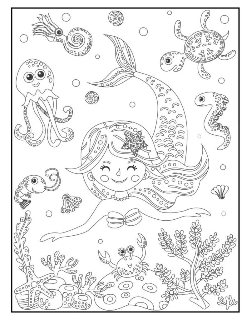 Dibujos de Sirena Sonriendo y Animal Marino para colorear