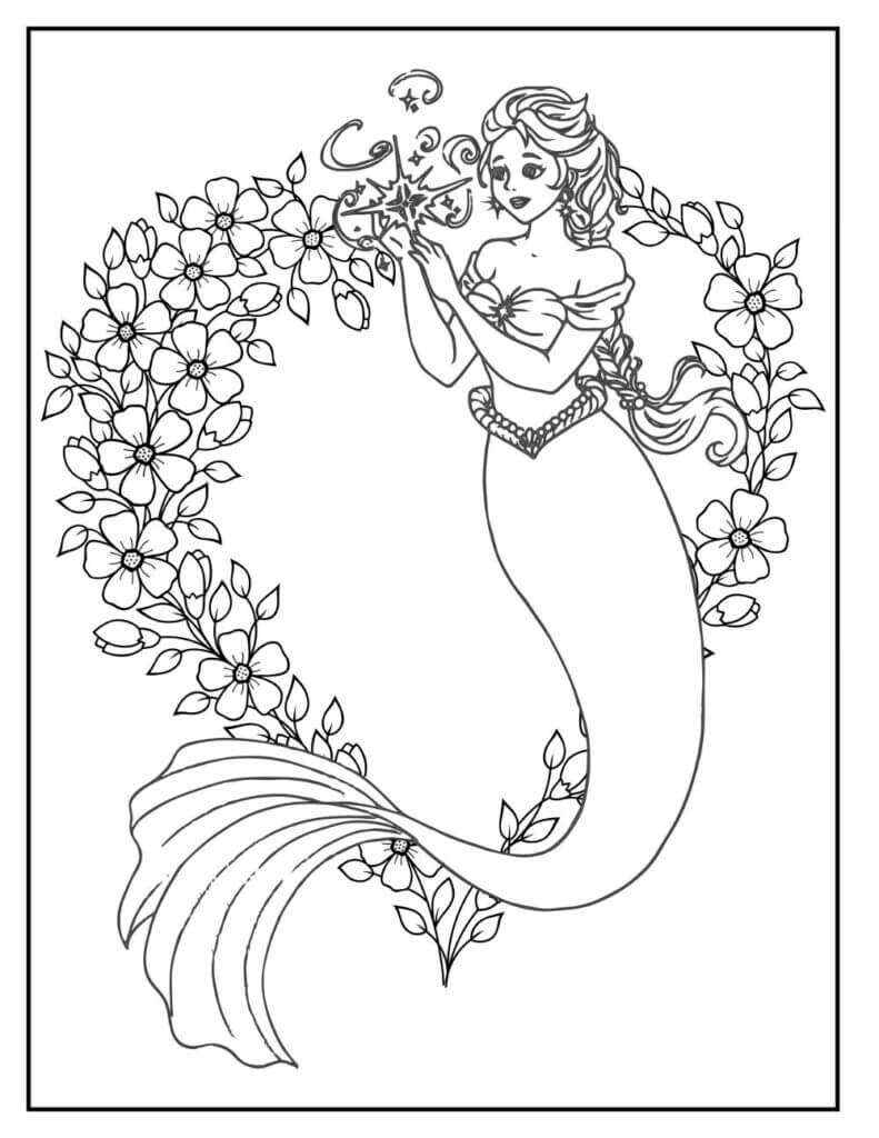 Dibujos de Sirena con Flor para colorear