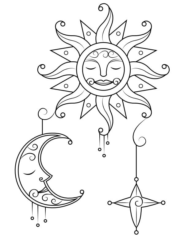 Dibujos de Sol, Luna y Estrella para colorear