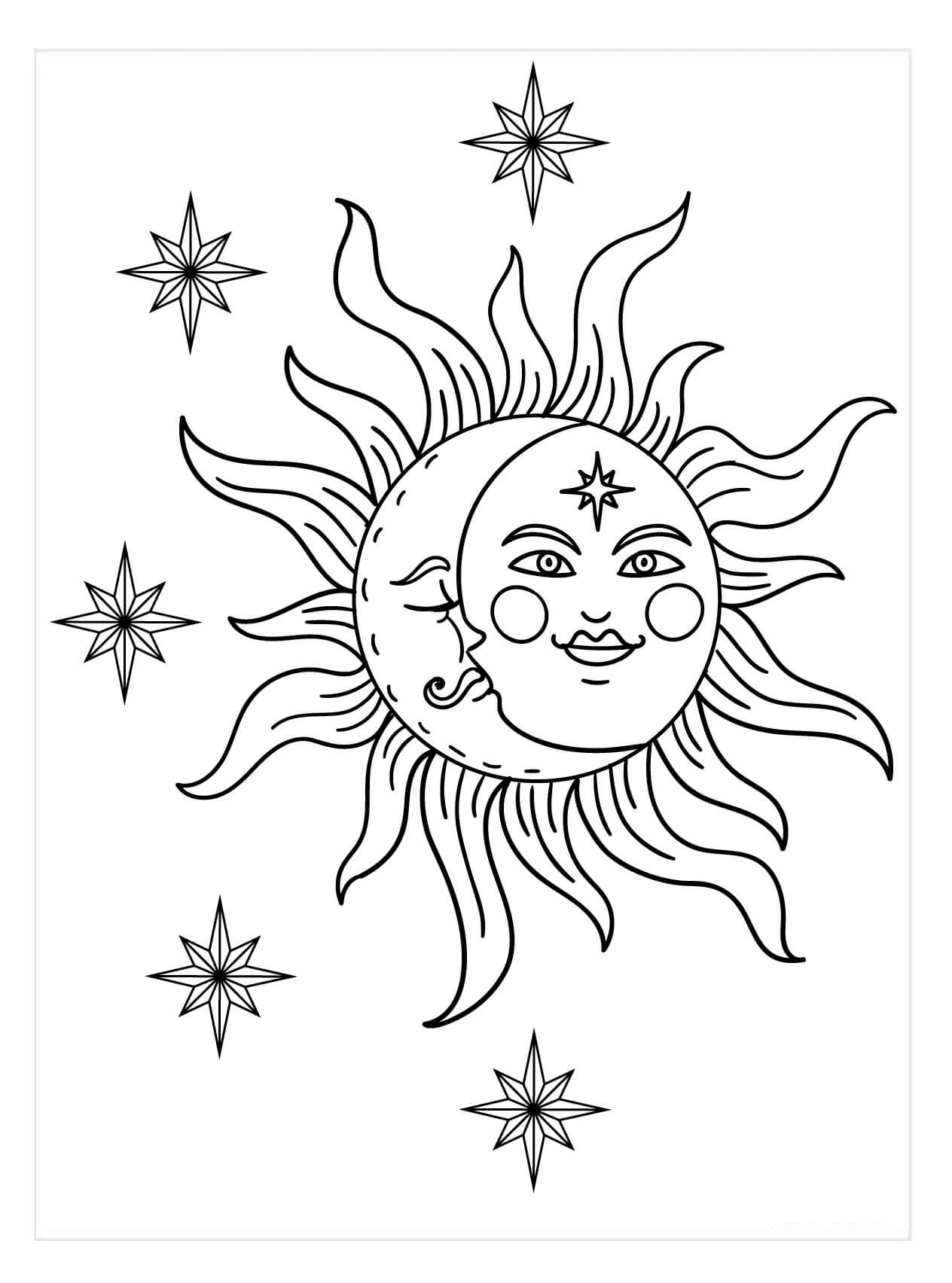 Dibujos de Sol y Luna Vintage para colorear