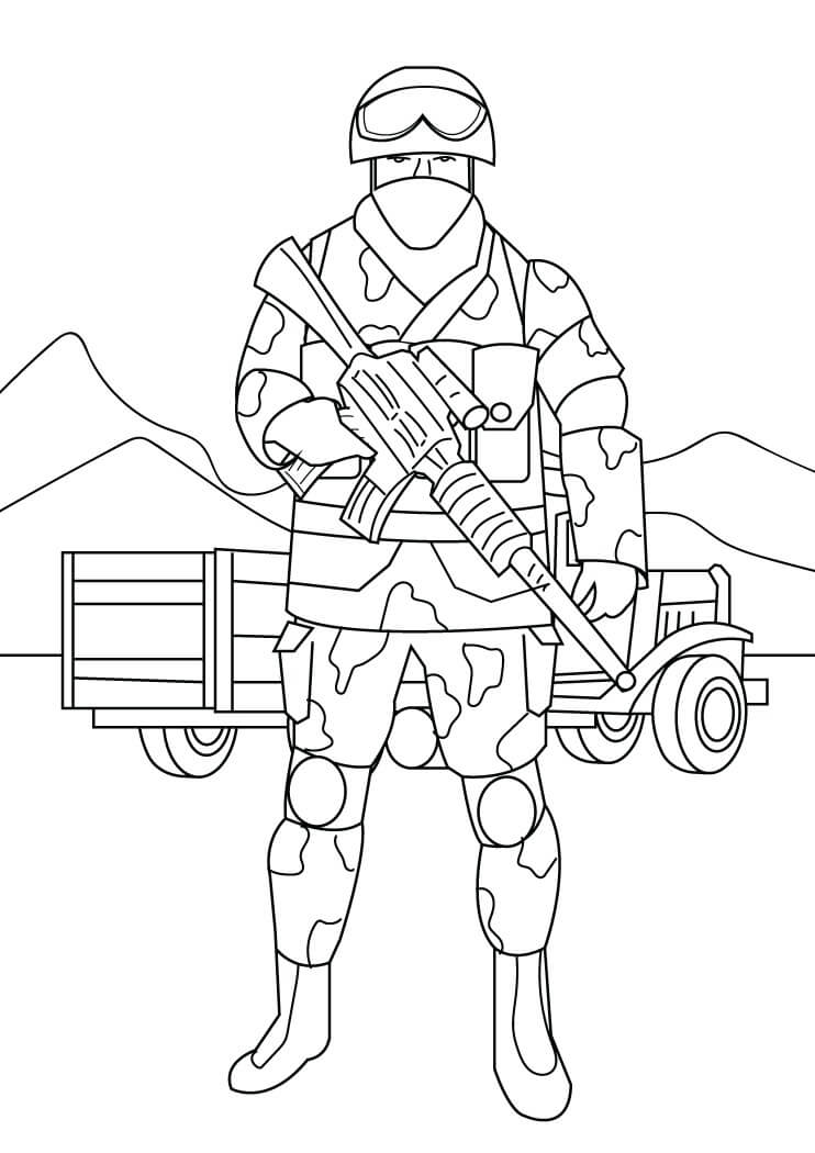 Dibujos de Soldado sosteniendo Pistola con Coche para colorear
