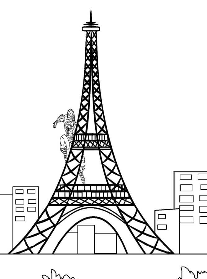 Spiderman Escalando en la Torre Eiffel para colorir