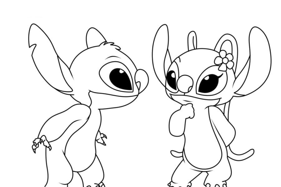 Stitch mira a Angel para colorir