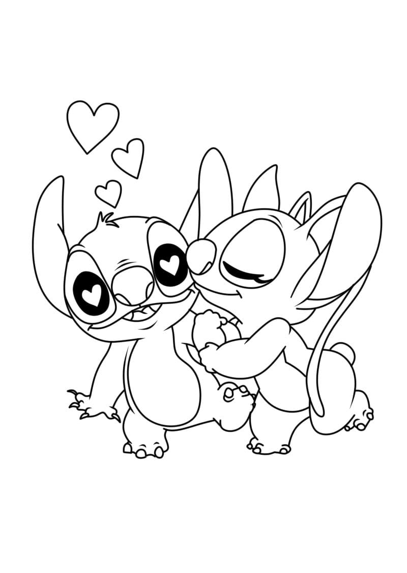 Dibujos de Stitch y Angel se aman para colorear