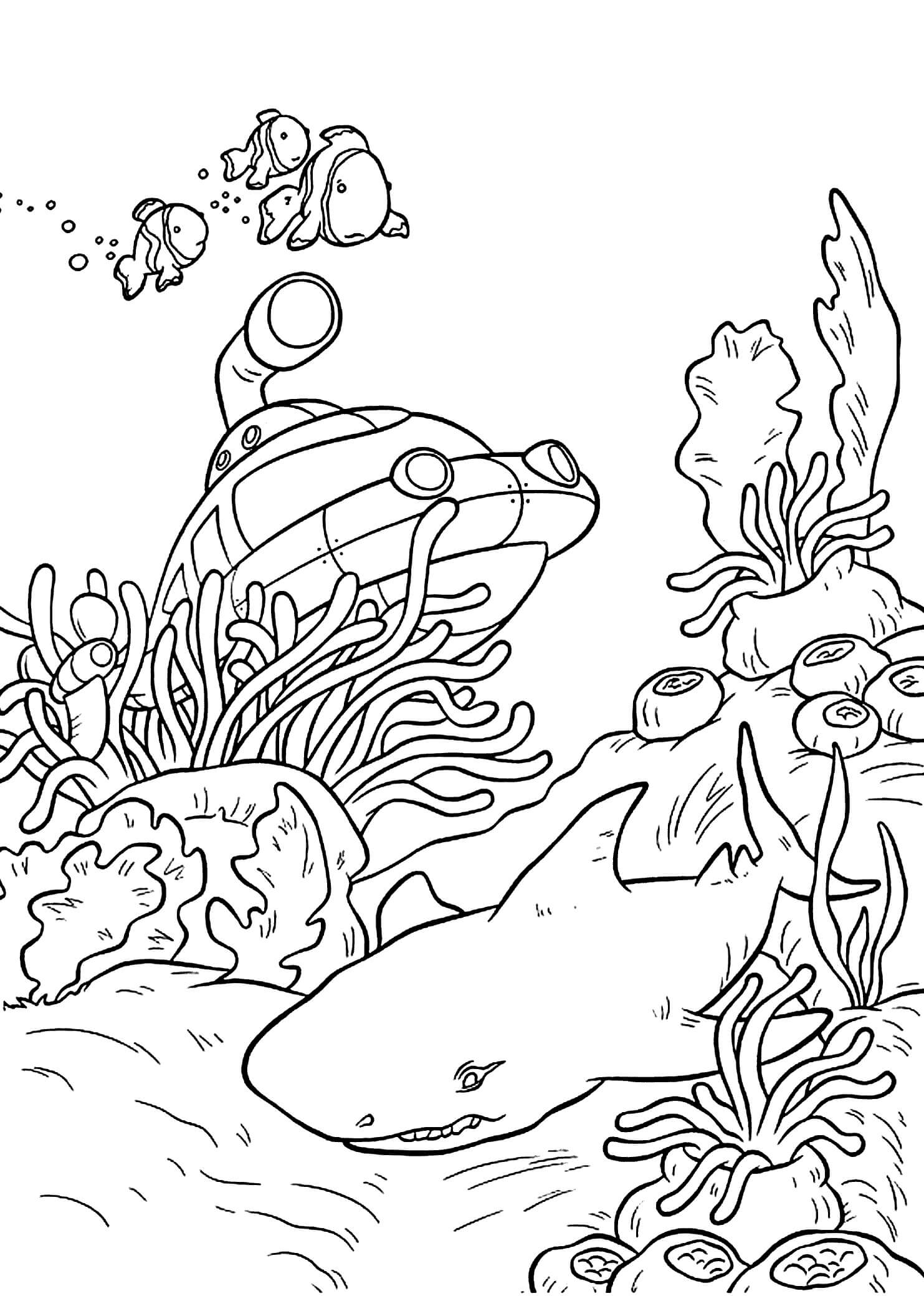 Dibujos de Submarino y Pez, Tiburón para colorear