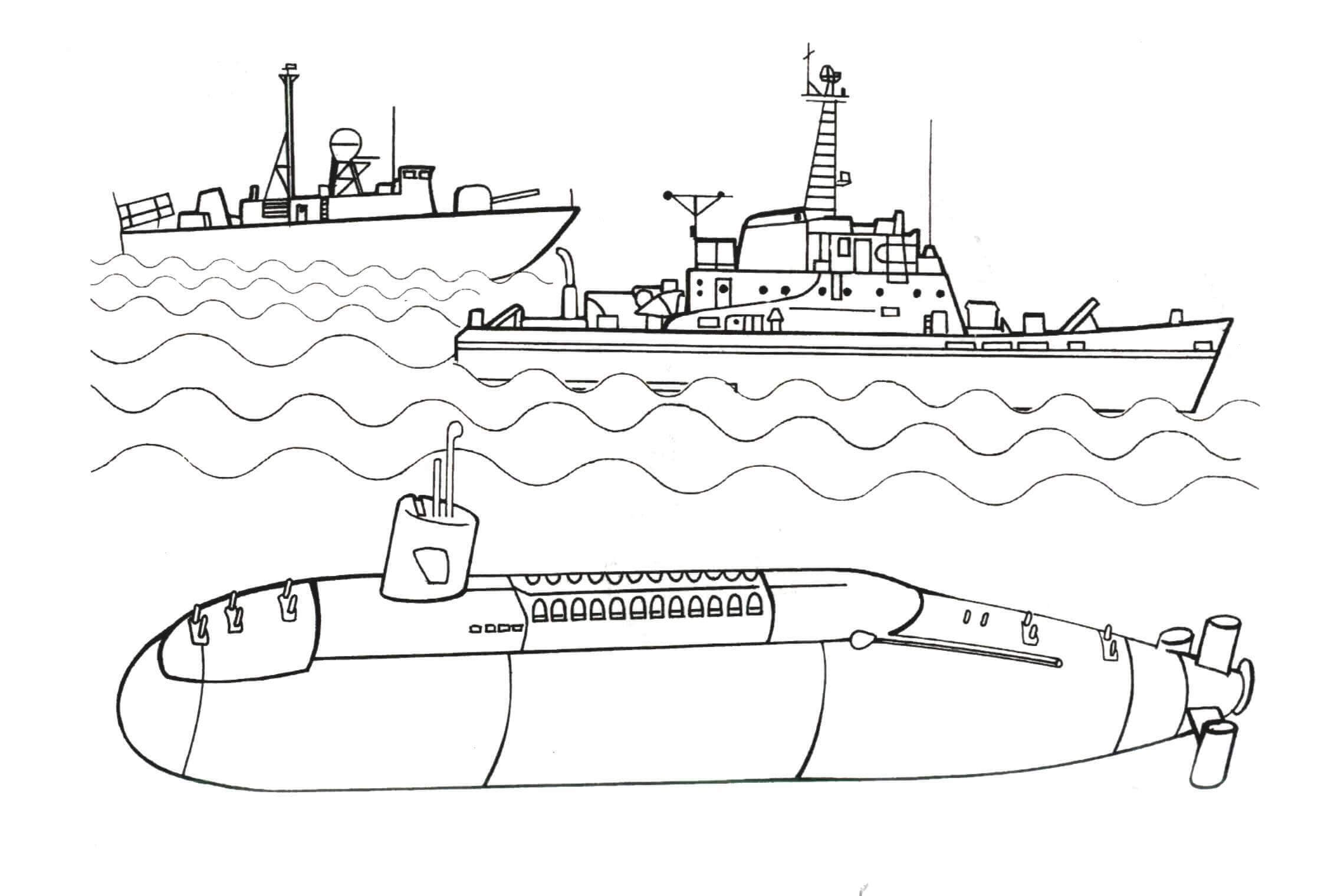 Dibujos de Submarino y dos Barcos para colorear