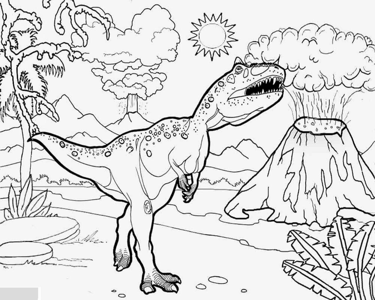 Dibujos de T Rex con Volcanes Alrededor para colorear