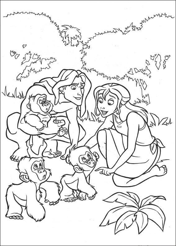 Dibujos de Tarzán y Jane Porter con Monos Bebés para colorear