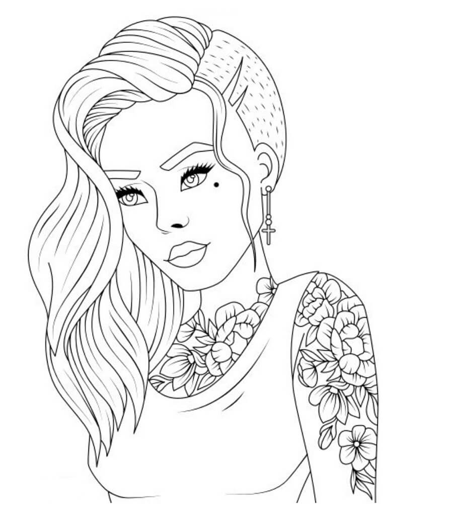 Dibujos de Tatuaje en el Brazo Chica Adolescente Guapa con Flor para colorear