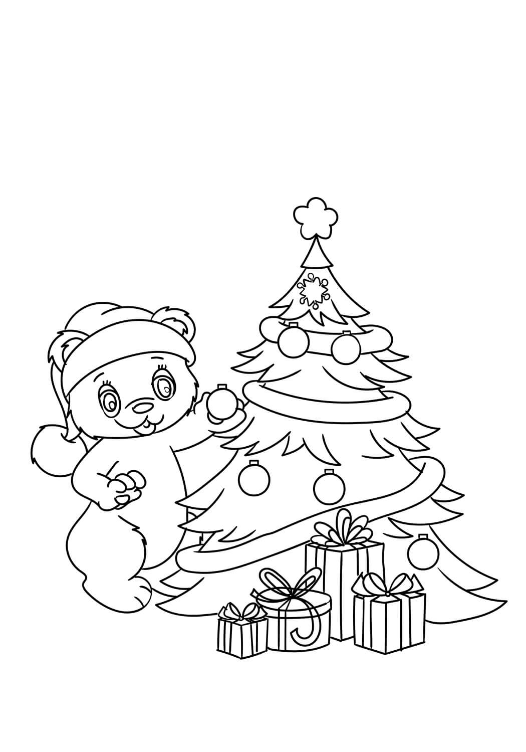 Teddy decorando el árbol de Navidad para colorir