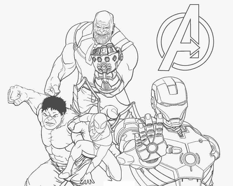 Thanos con Infinity Gauntlet pelea con Hulk, Iron Man para colorir
