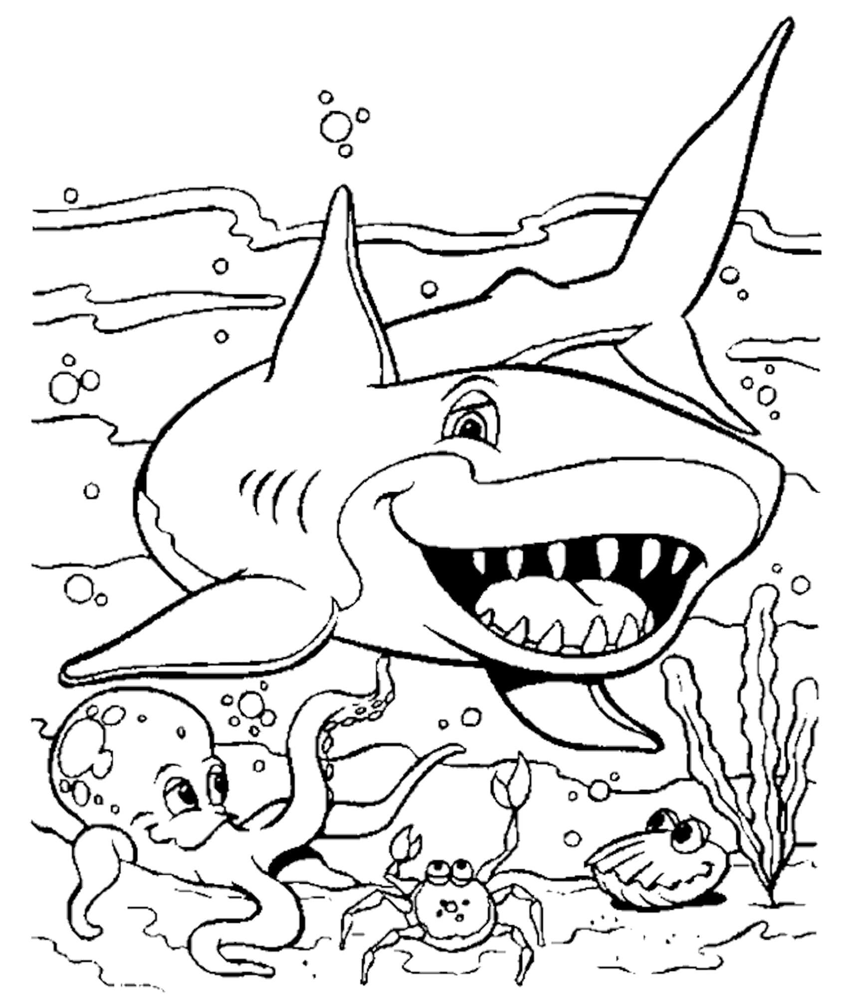 Dibujos de Tiburón Divertido con Animales Marinos para colorear