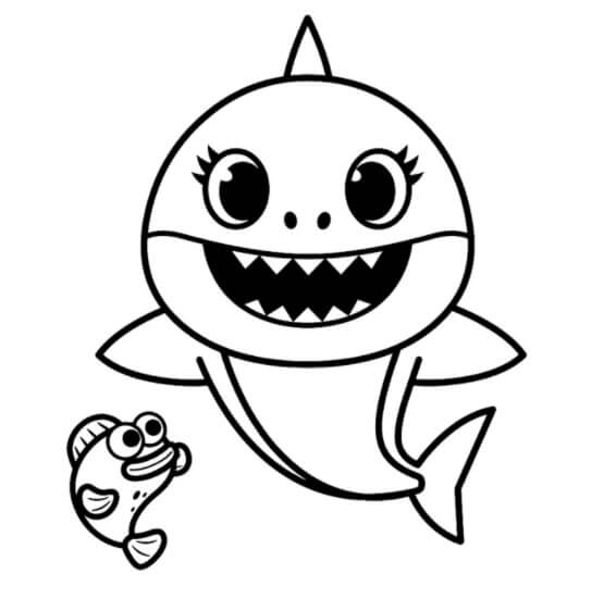 Dibujos de Tiburón bebé con Pescado para colorear